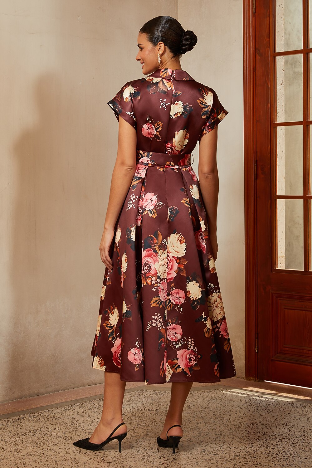 Floral Satin Collared Midi Dress