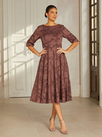 Brown Floral Jacquard Pleated Midi Dress