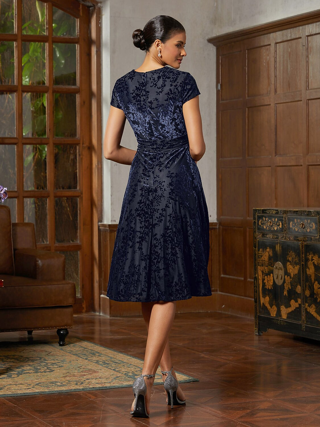 Navy Pleated Velvet Midi Dress