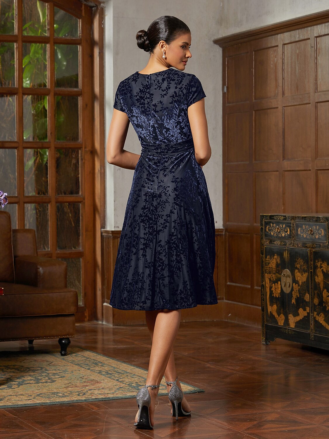 Navy Pleated Velvet Midi Dress
