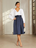 Navy Satin V-Neck Midi Dress