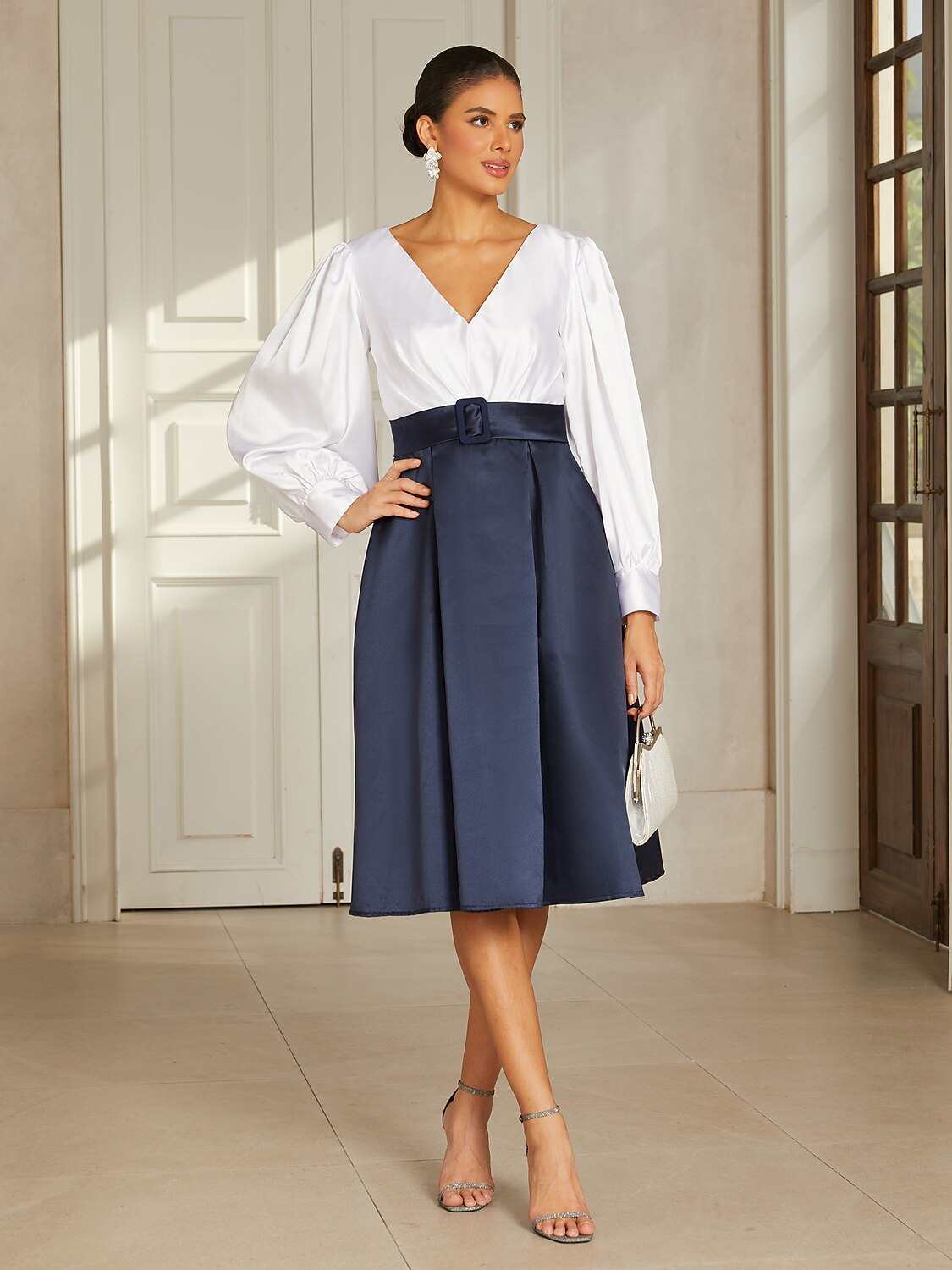 Navy Satin V-Neck Midi Dress
