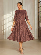 Brown Floral Jacquard Pleated Midi Dress