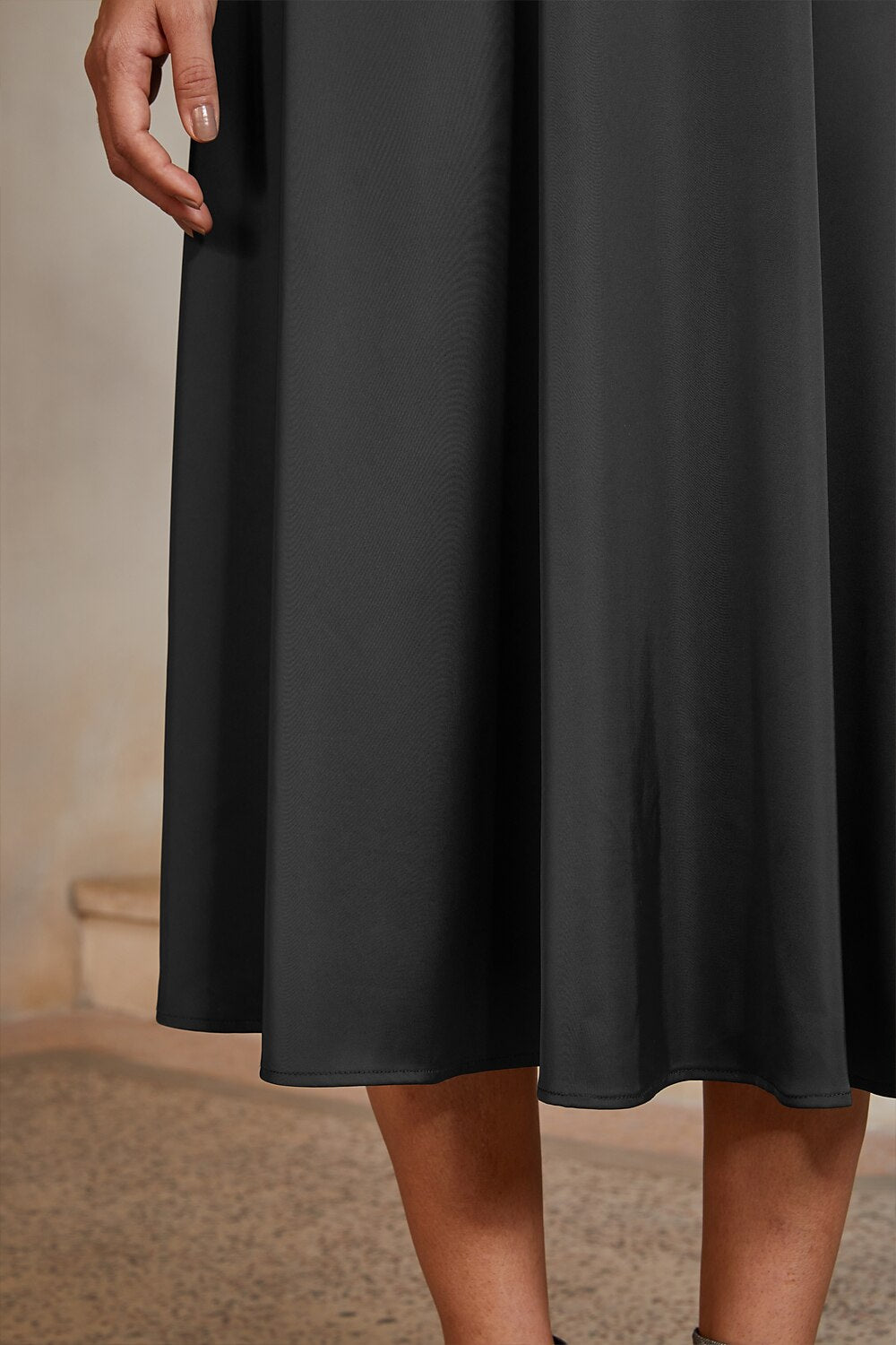 Black Lace-Inset Satin Midi Dress