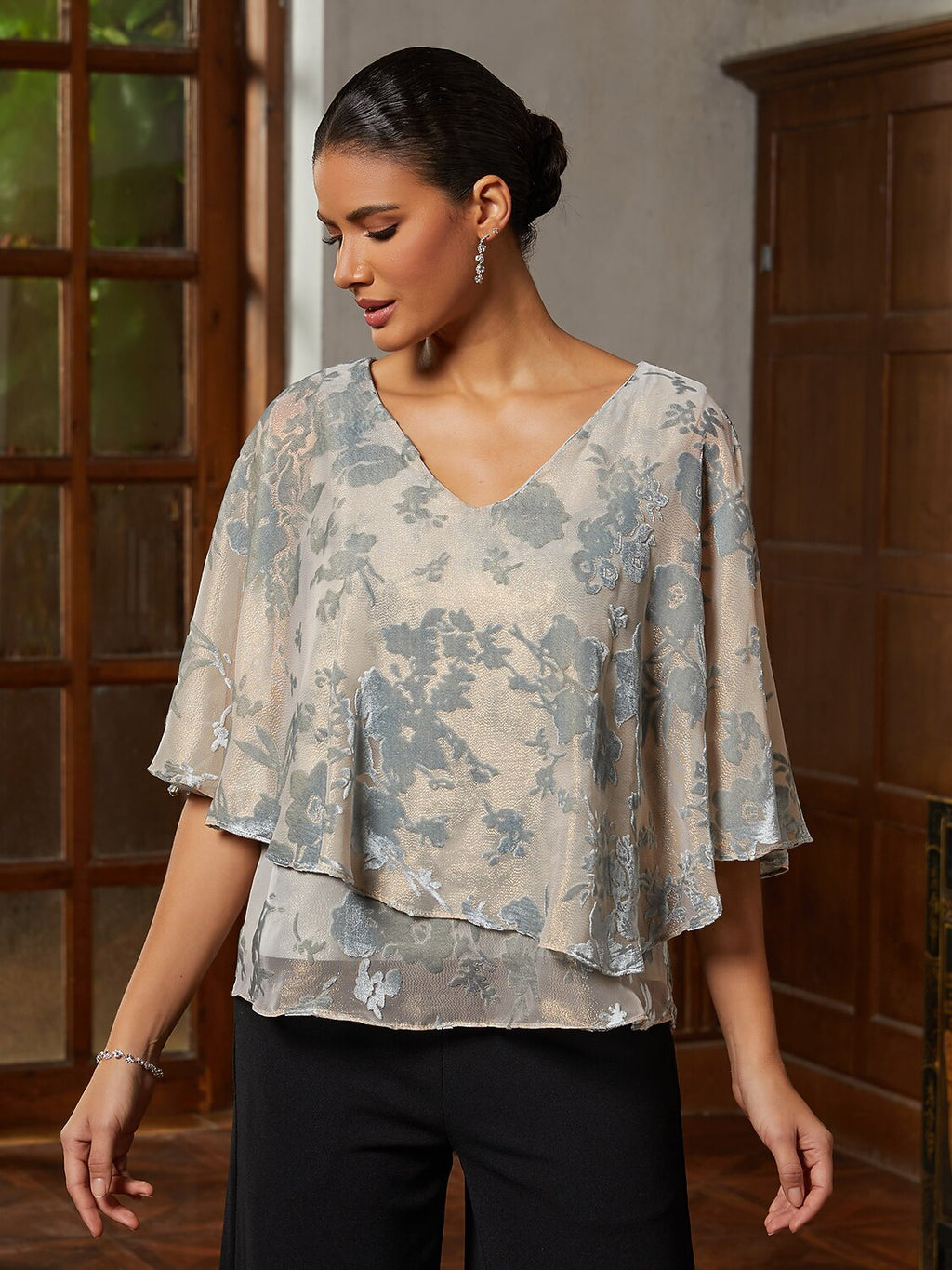 Smoky Blue Burnout Lace Ruffle Blouse
