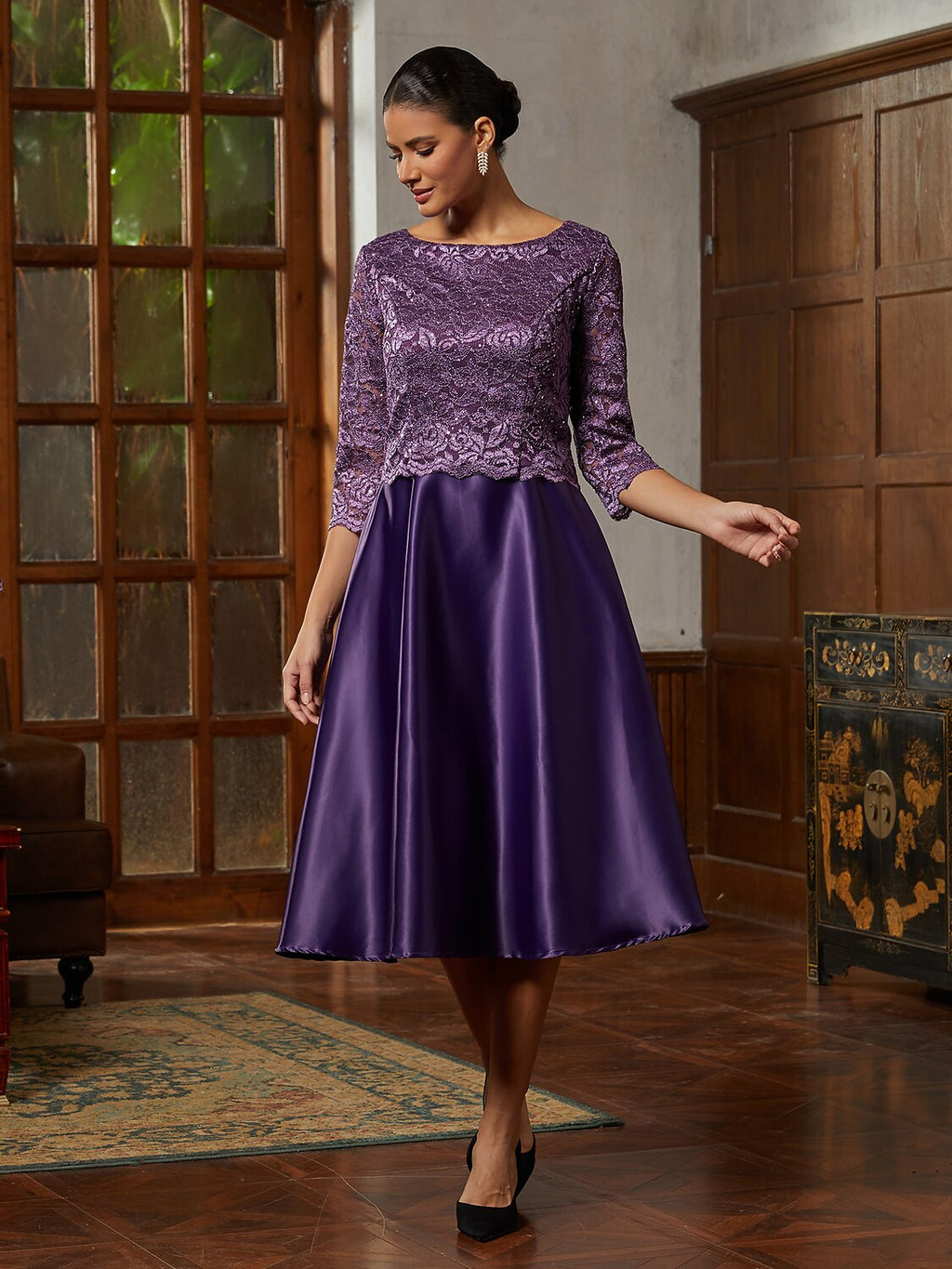 Purple Lace A-Line Midi Dress