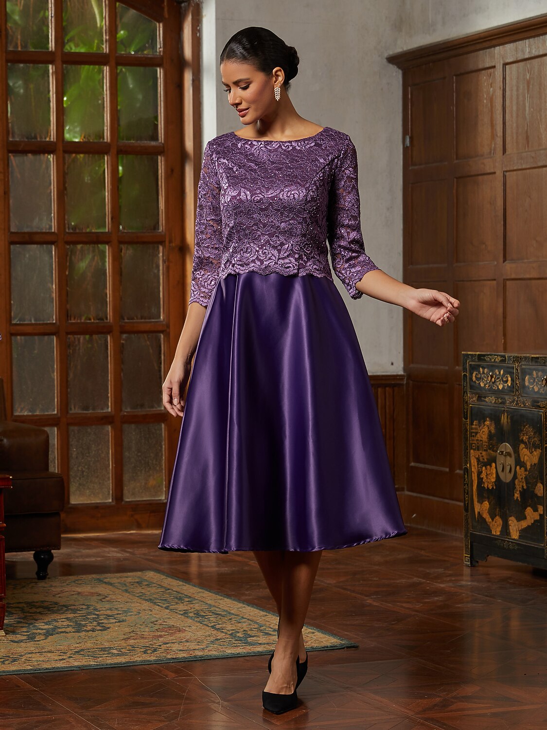 Purple Lace A-Line Midi Dress