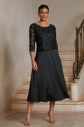Black Lace-Inset Satin Midi Dress