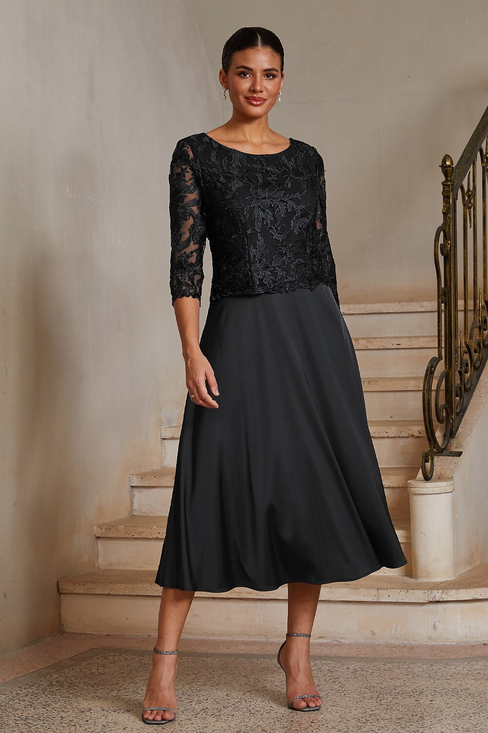 Black Lace-Inset Satin Midi Dress