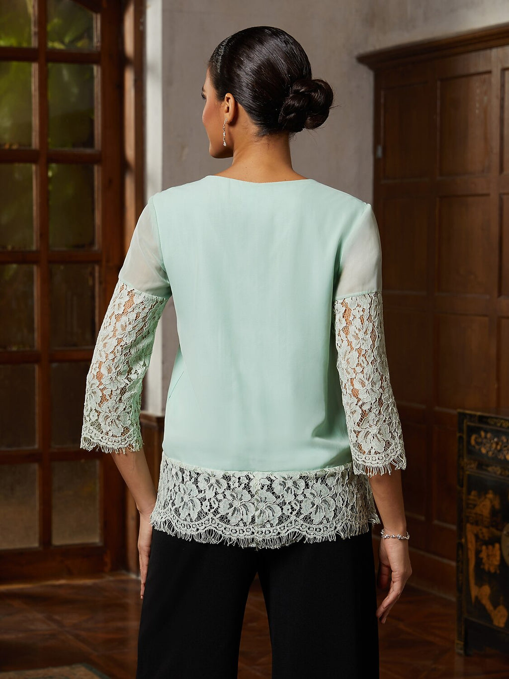 Sage Lace-Trim Chiffon Blouse