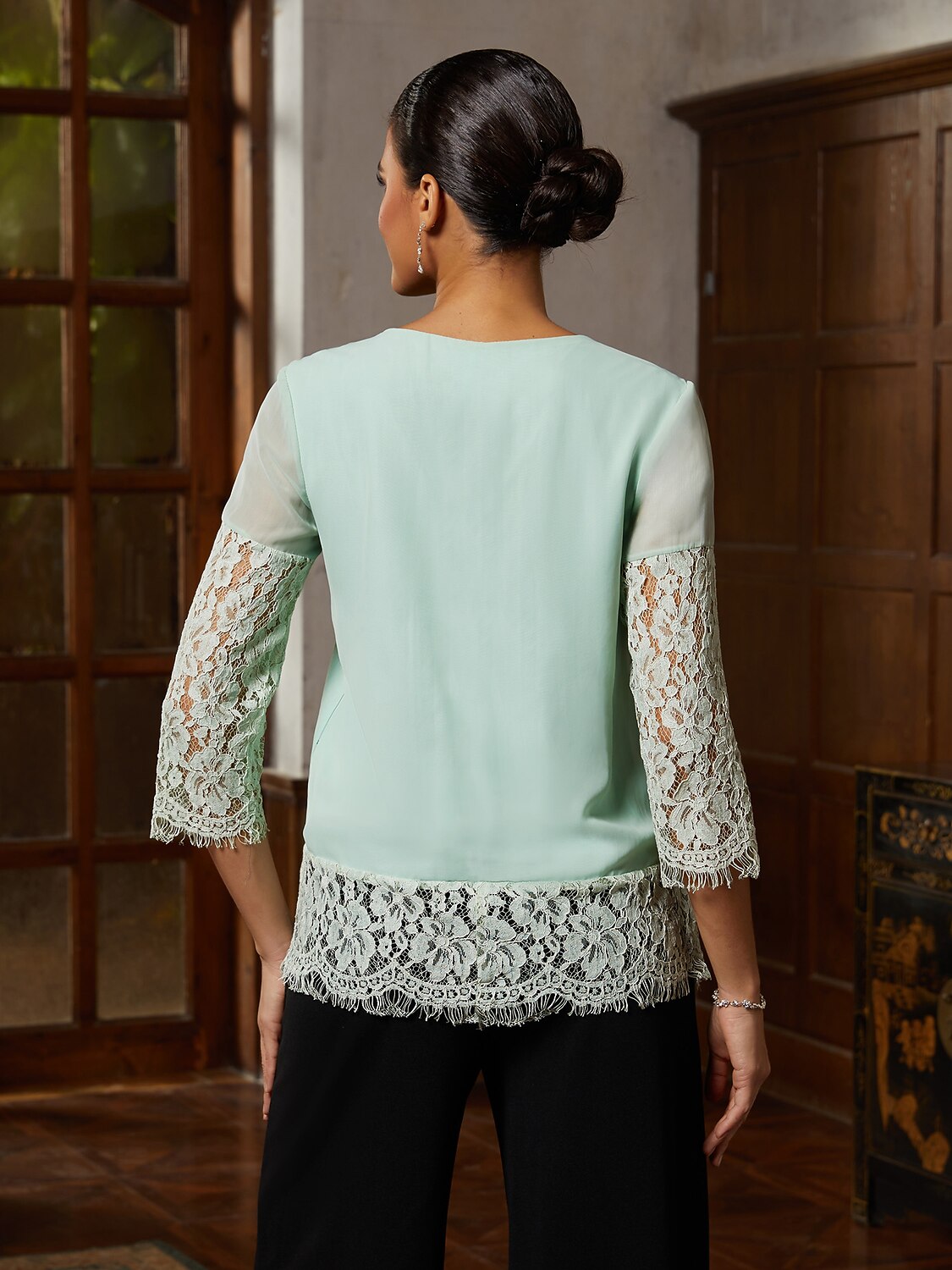 Sage Lace-Trim Chiffon Blouse