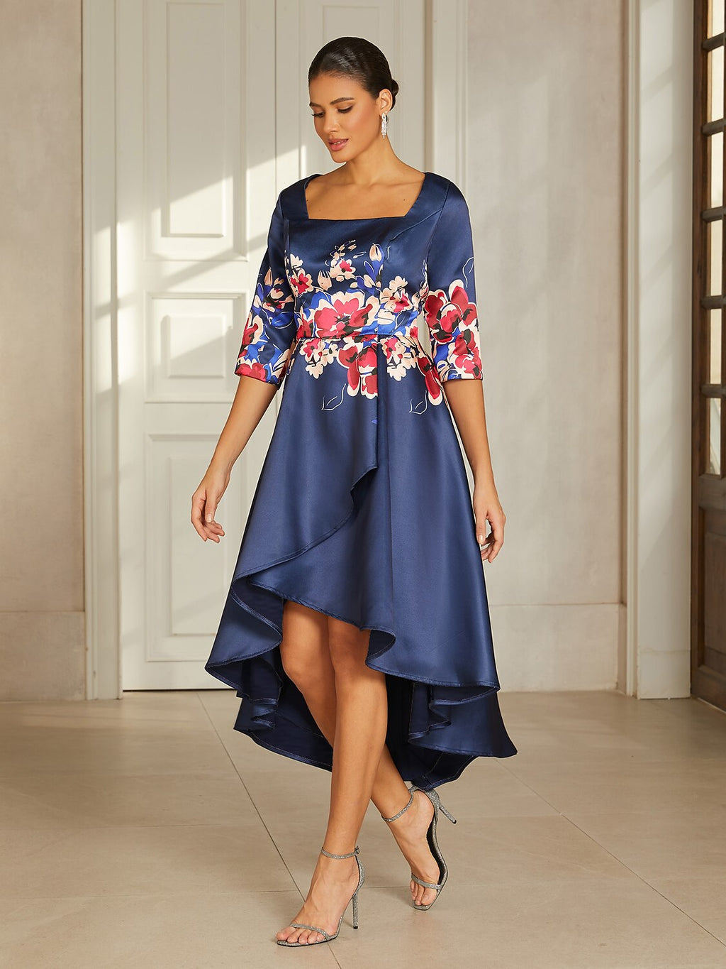 Slate Blue Floral Satin High-Low Dress