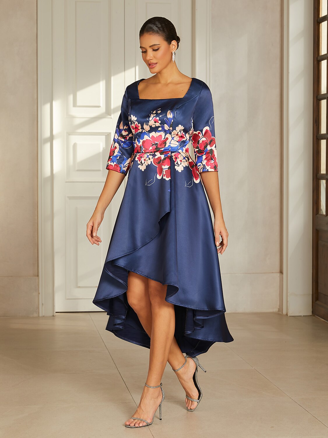 Slate Blue Floral Satin High-Low Dress