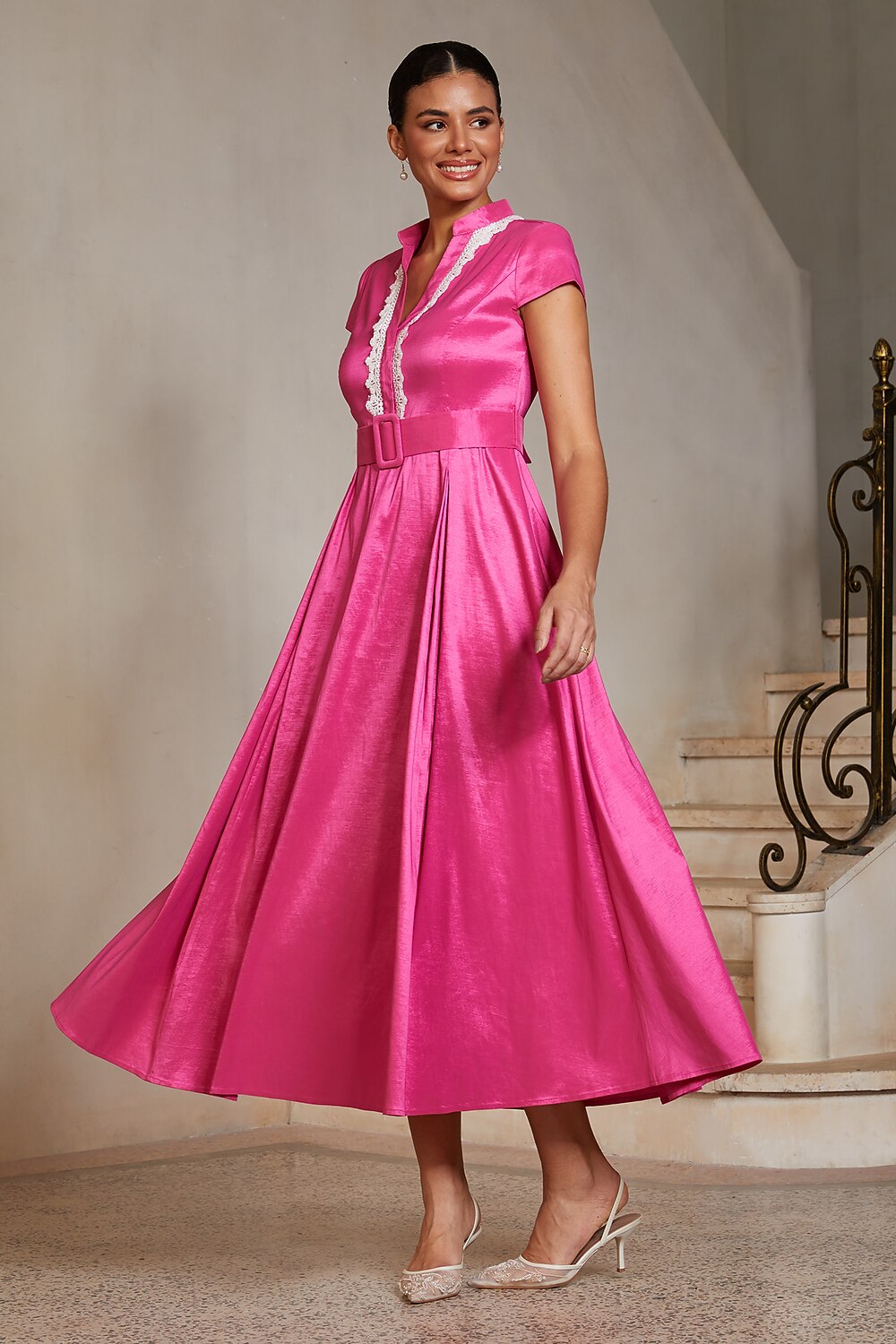 Lace-Trim Chameleon Midi Dress