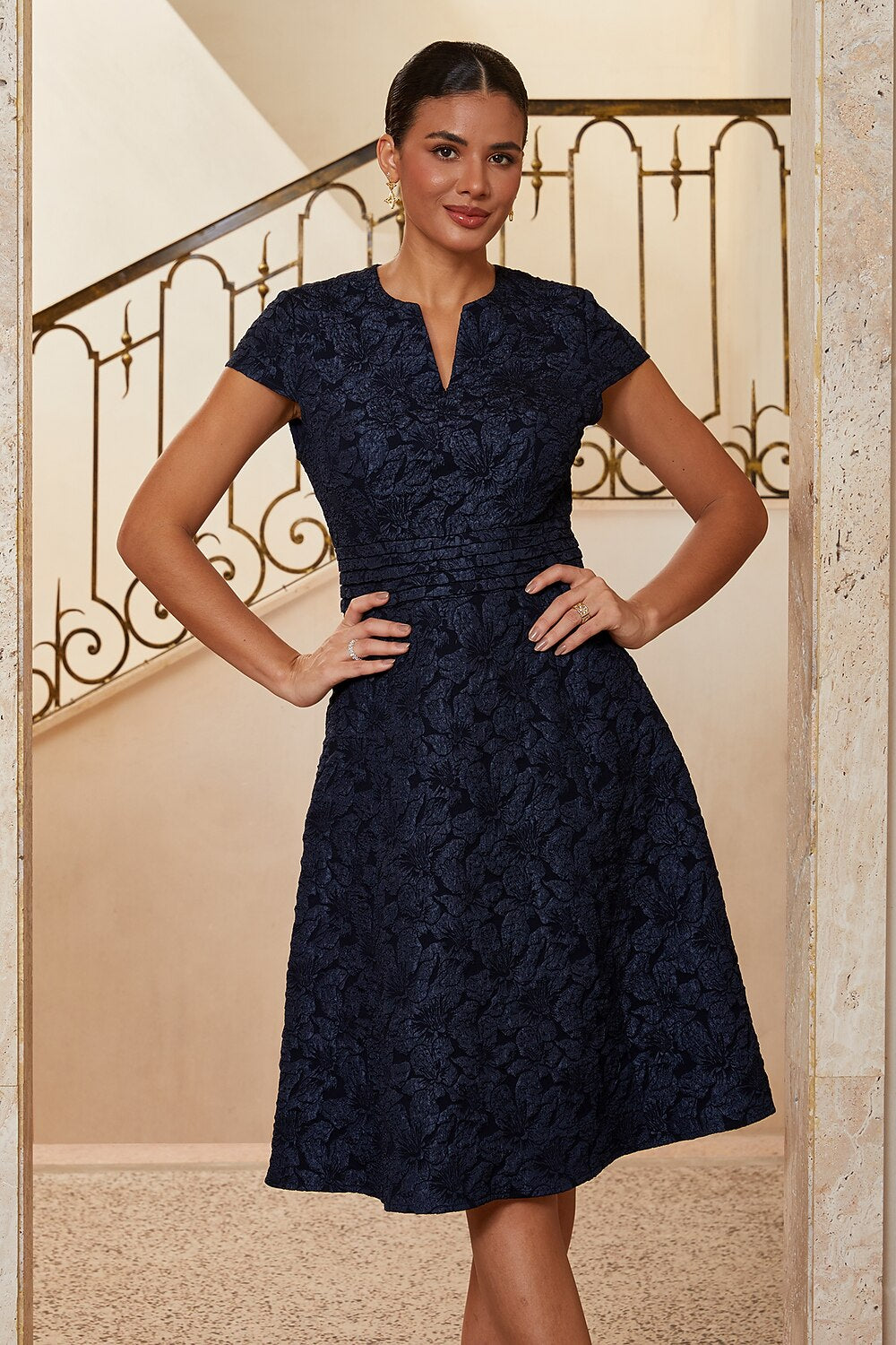 Navy Pleated Jacquard Midi Dress