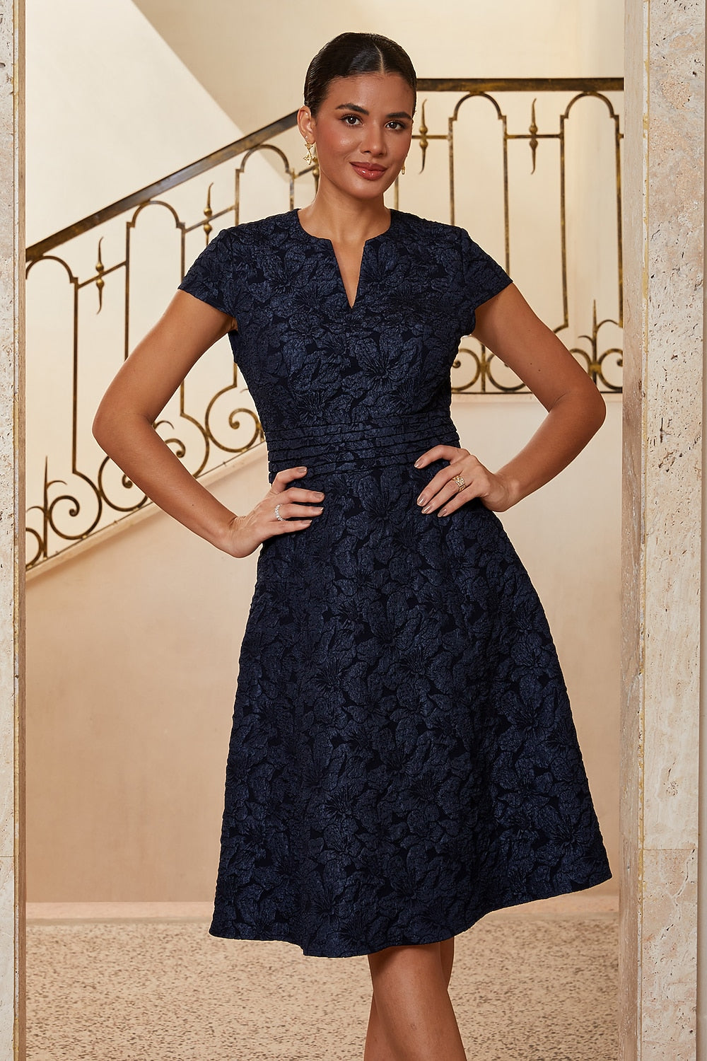 Navy Pleated Jacquard Midi Dress