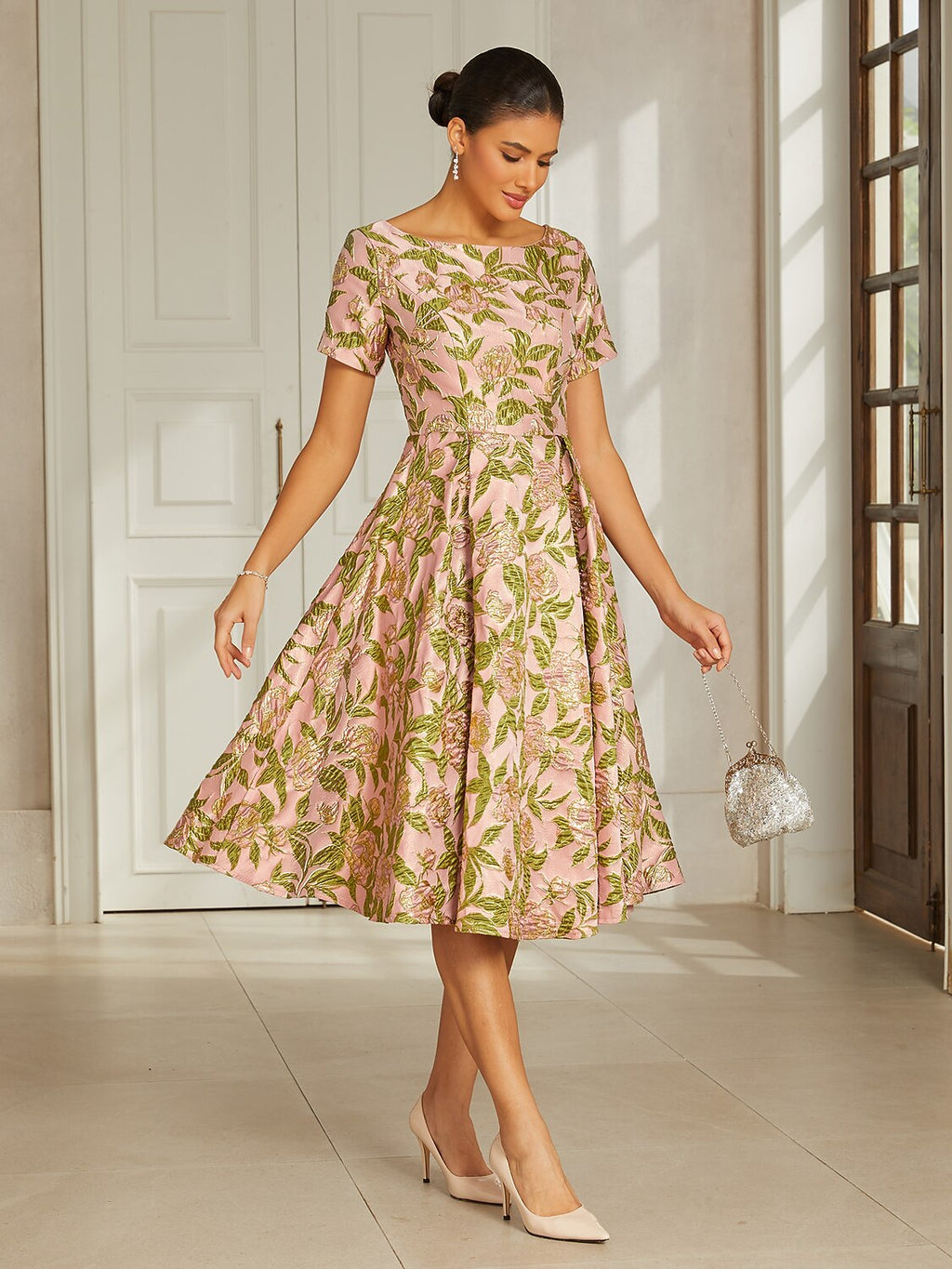 Pink Floral Jacquard Pleated Midi Dress