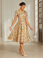 Pink Floral Jacquard Pleated Midi Dress