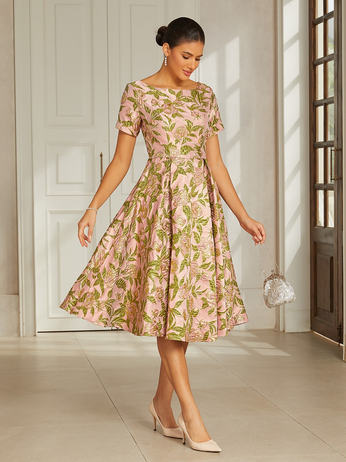 Pink Floral Jacquard Pleated Midi Dress