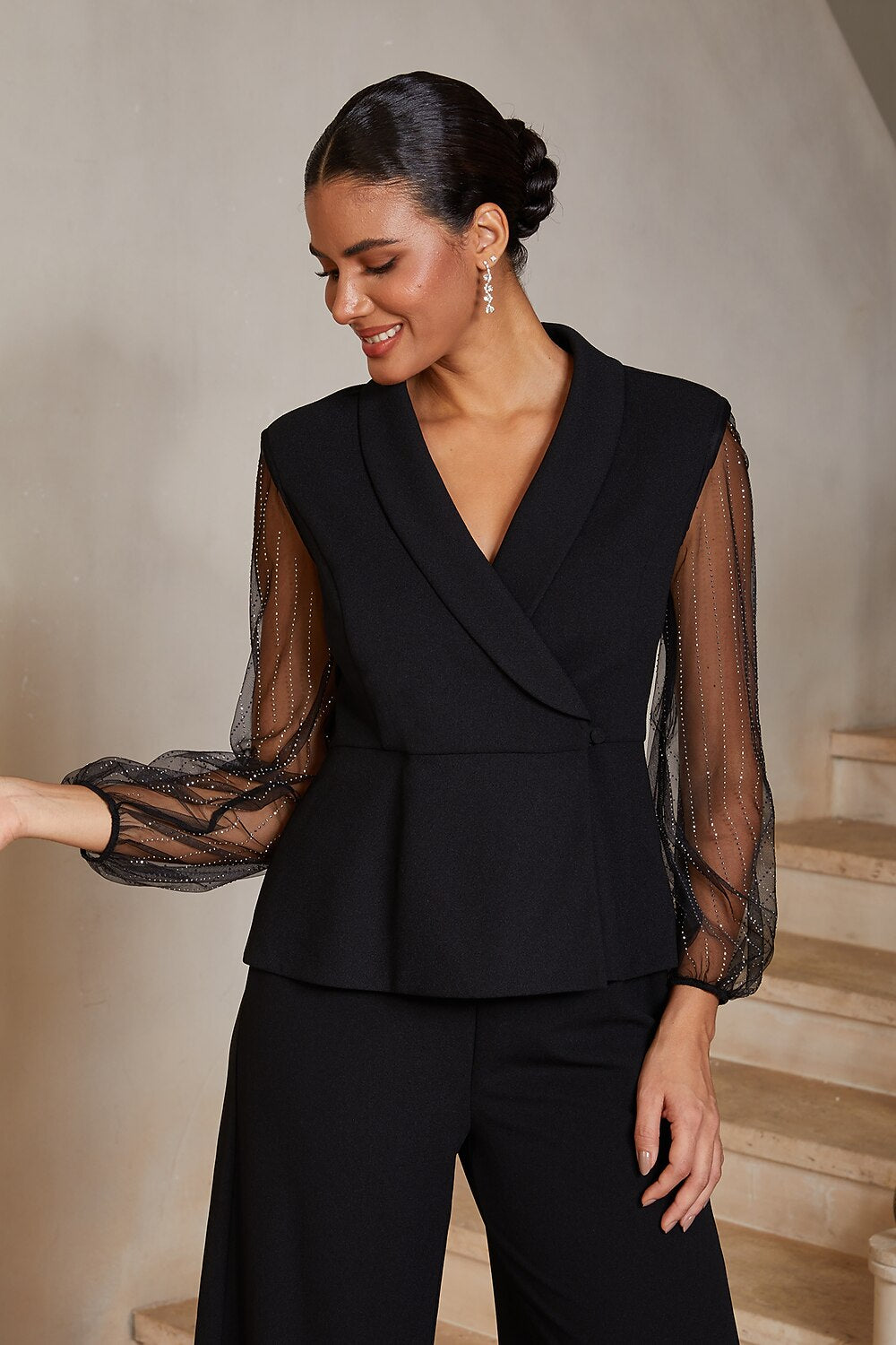 Glitter Illusion-Sleeve Blouse