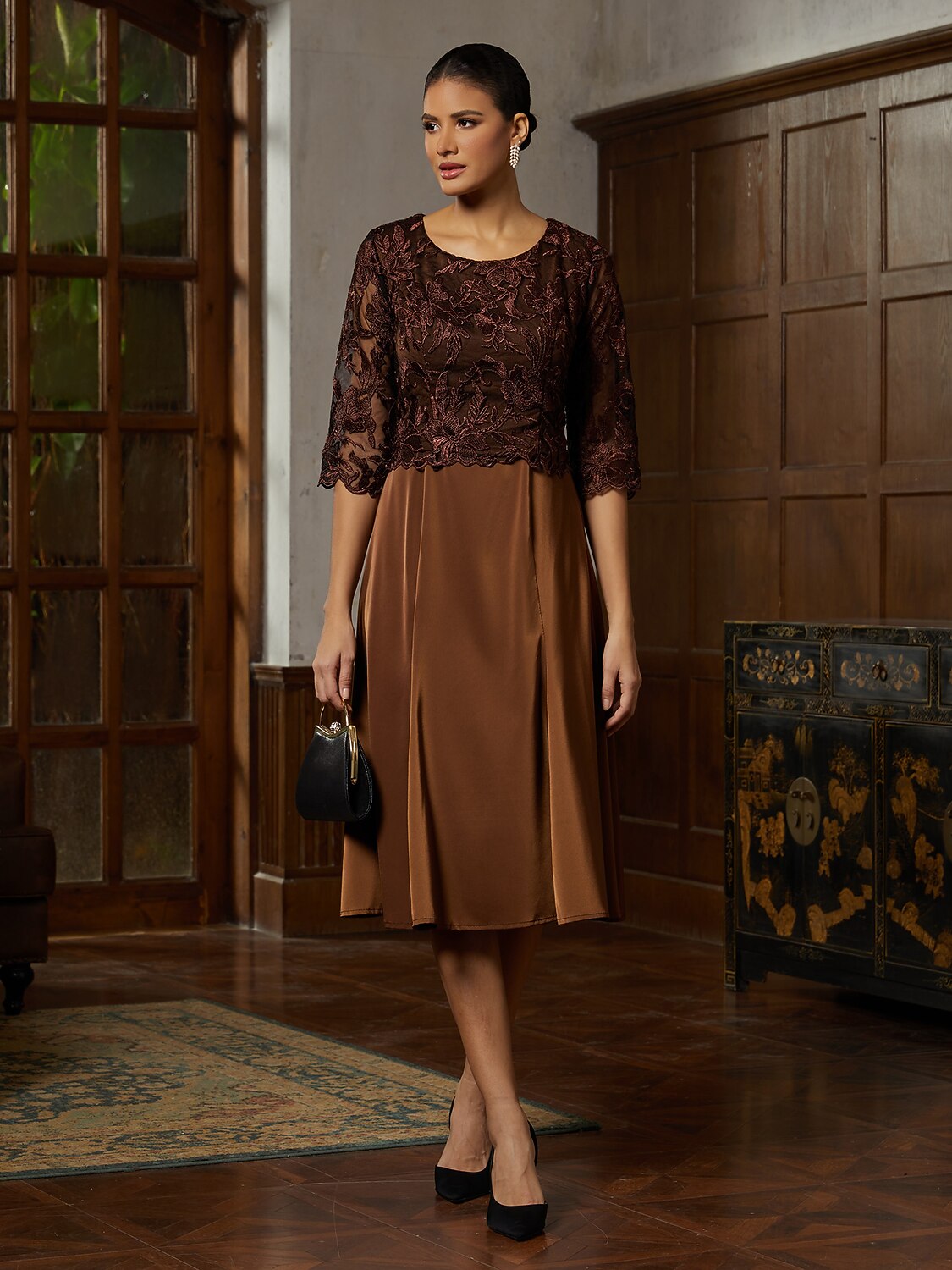 Brown Lace Trumpet Midi Dress