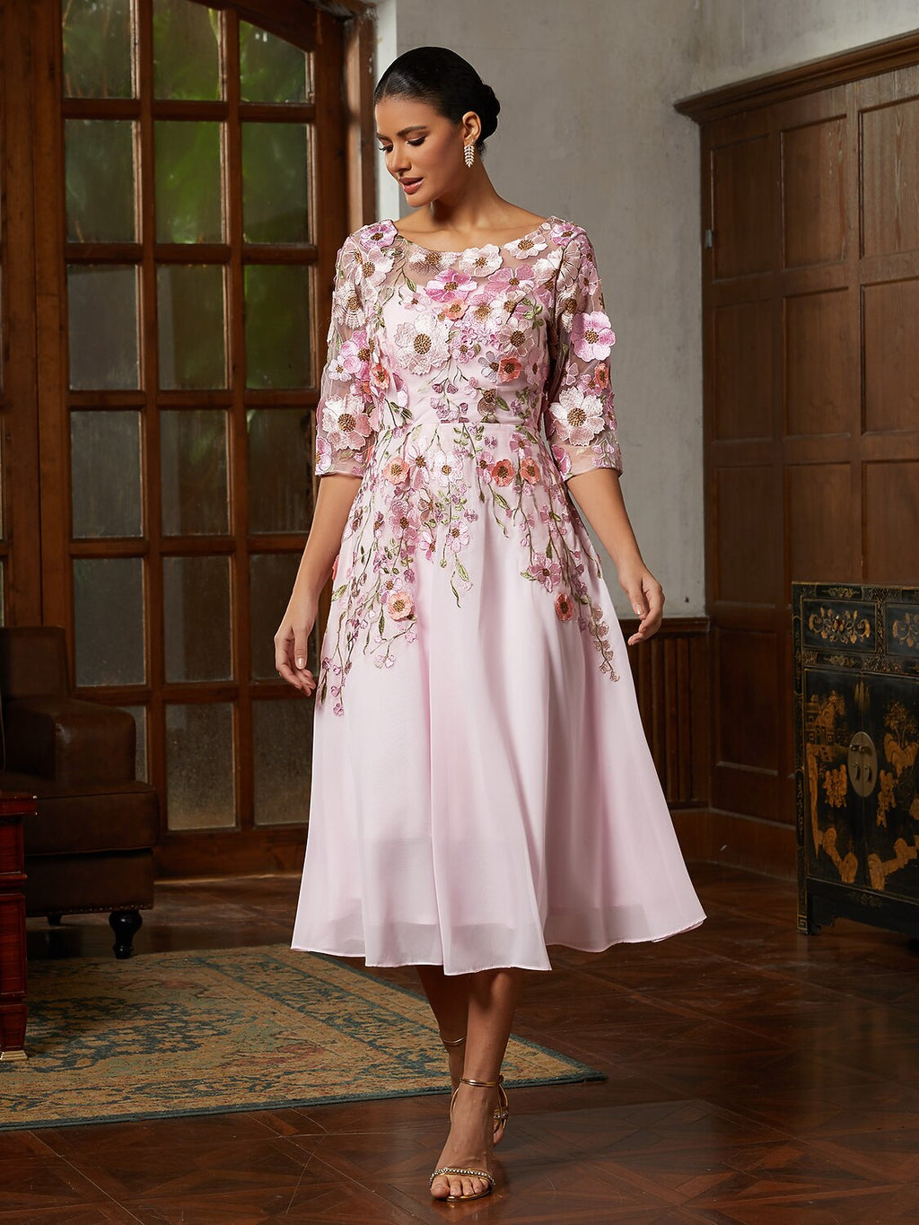 Pink Floral Appliqué Tulle Dress