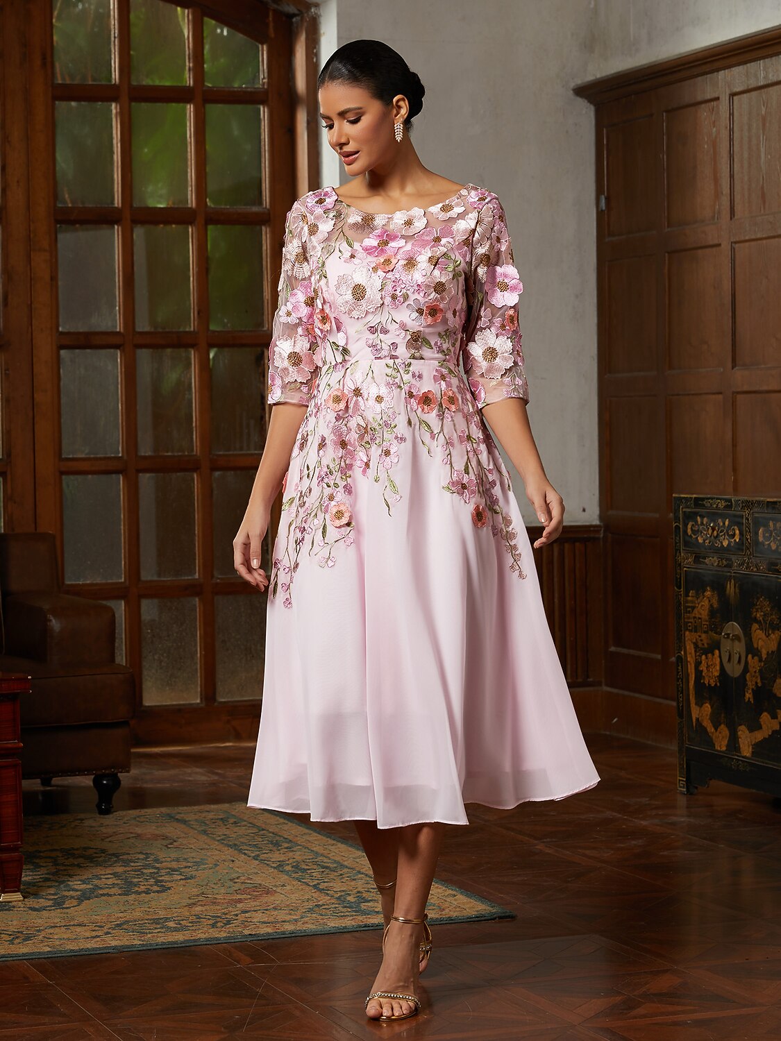 Pink Floral Appliqué Tulle Dress
