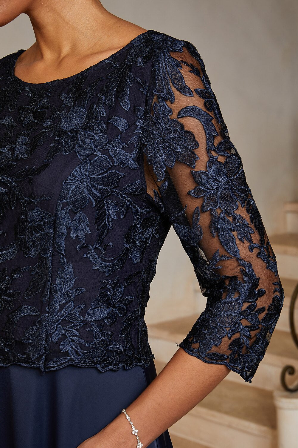 Navy Lace-Inset Satin Midi Dress
