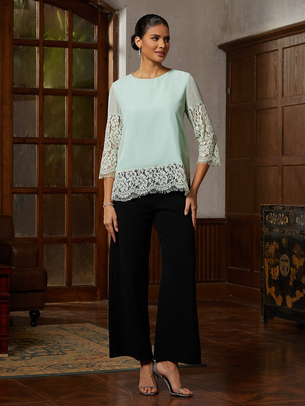 Sage Lace-Trim Chiffon Blouse