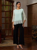 Sage Lace-Trim Chiffon Blouse