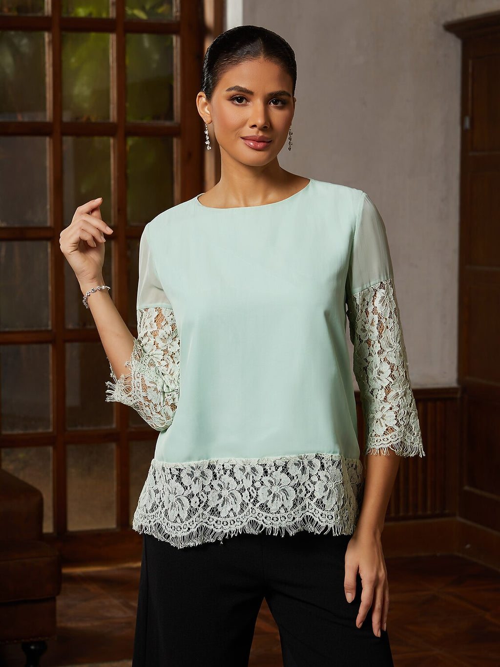 Sage Lace-Trim Chiffon Blouse