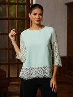 Sage Lace-Trim Chiffon Blouse