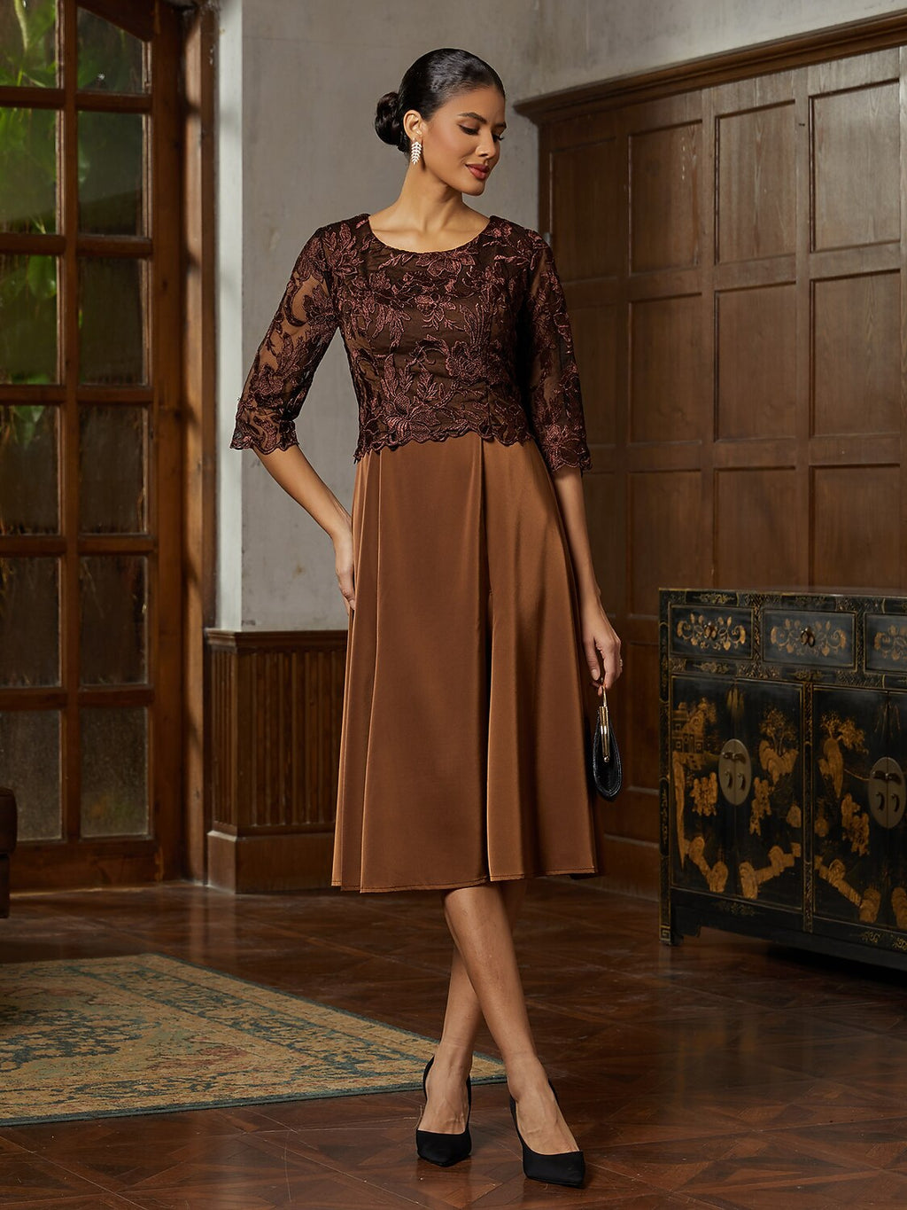 Brown Lace Trumpet Midi Dress