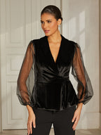 Black Velvet Lantern-Sleeve Blouse