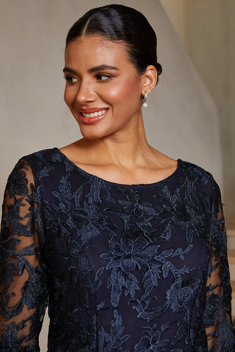 Navy Lace-Inset Satin Midi Dress