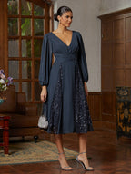Navy Chiffon Illusion-Sleeve Midi Dress