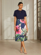 Navy Satin Column Midi Dress