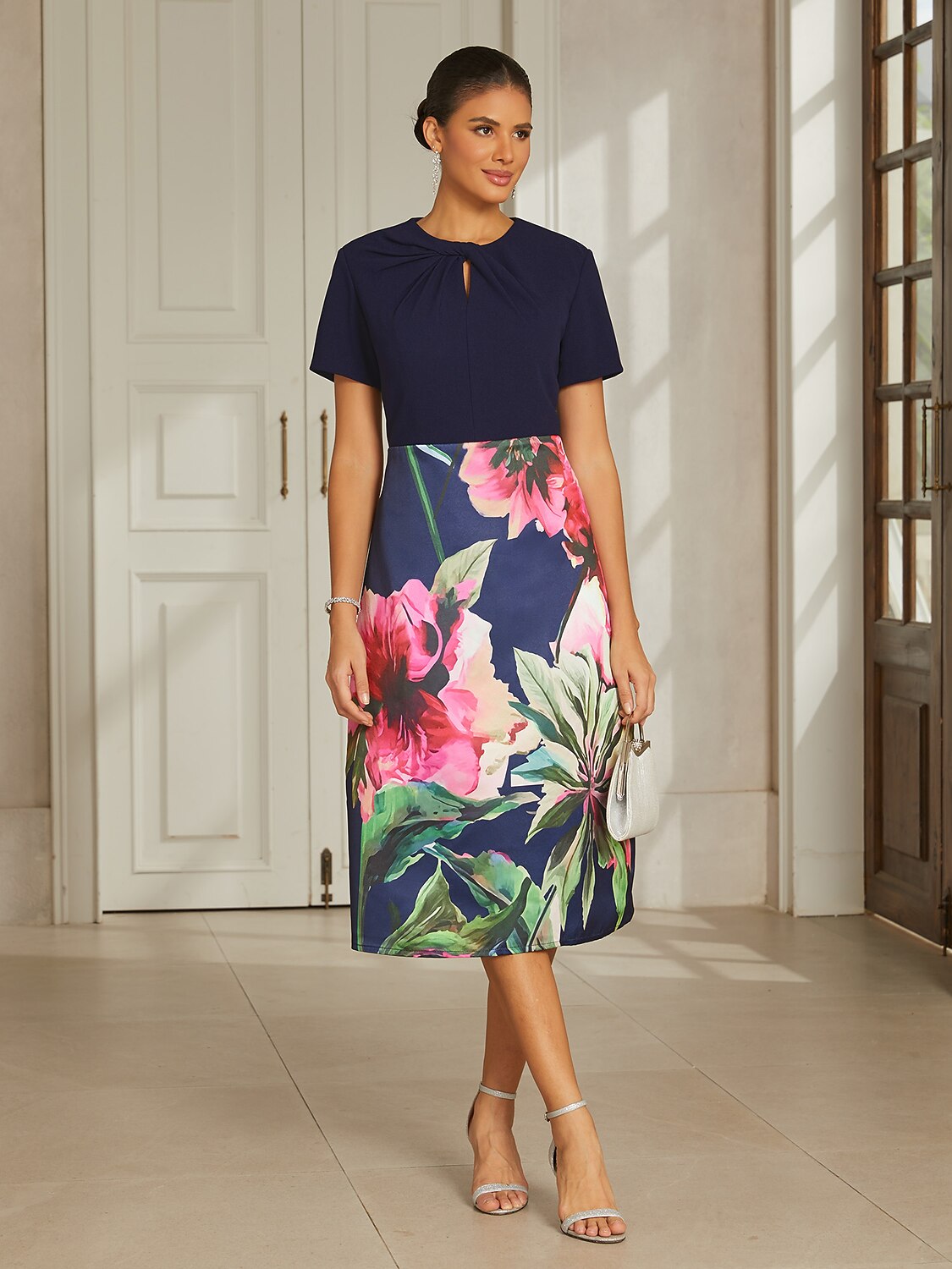 Navy Satin Column Midi Dress