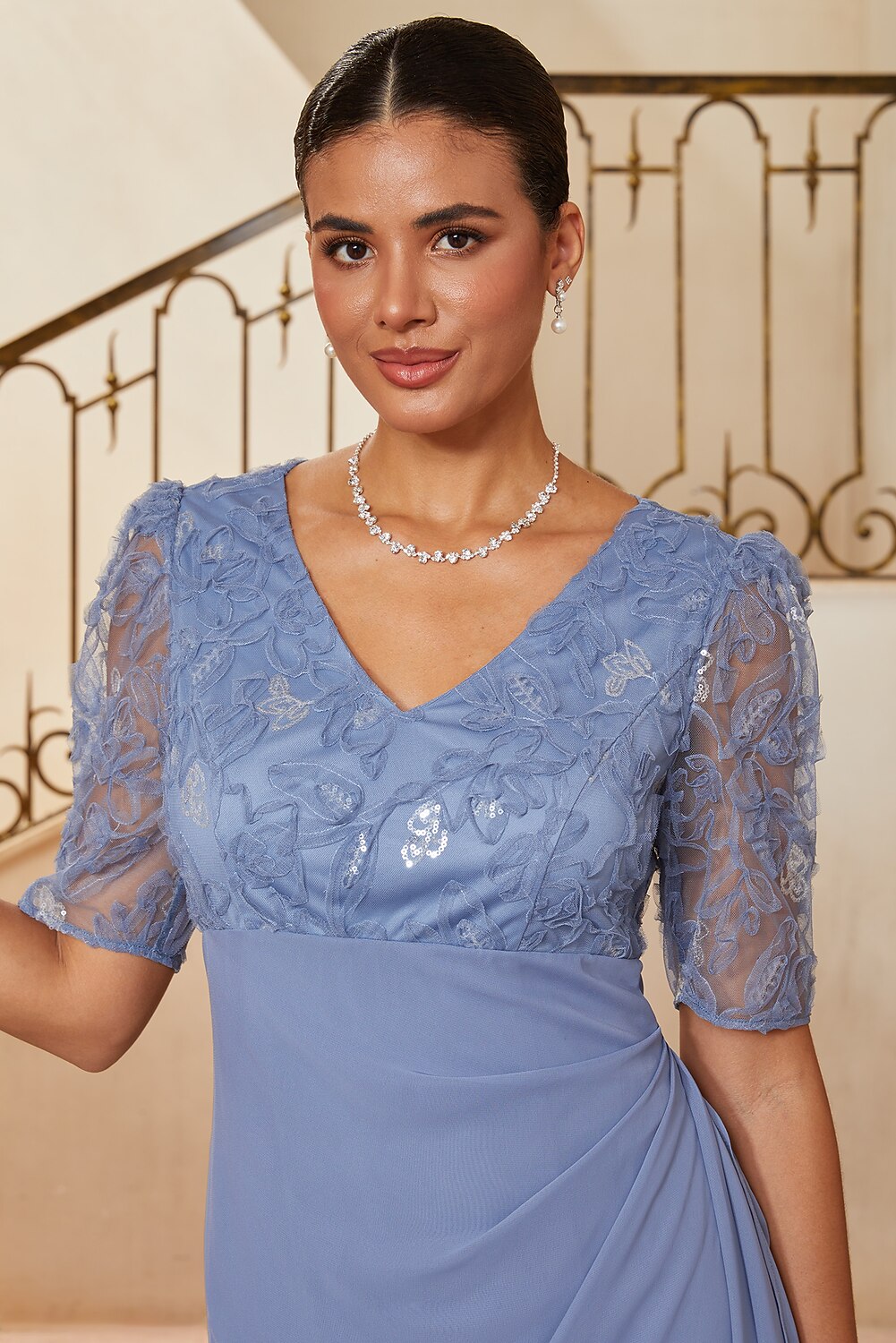 Floral Appliqué Chiffon Slit Gown