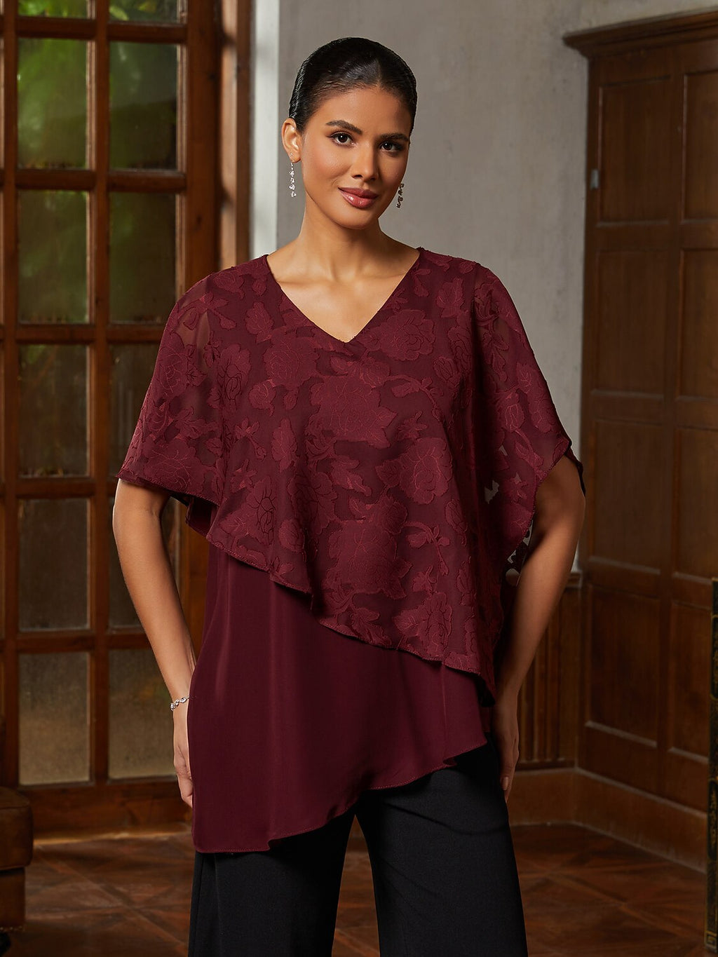 Burgundy Ruffle Chiffon Asymmetrical Blouse