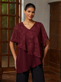 Burgundy Ruffle Chiffon Asymmetrical Blouse