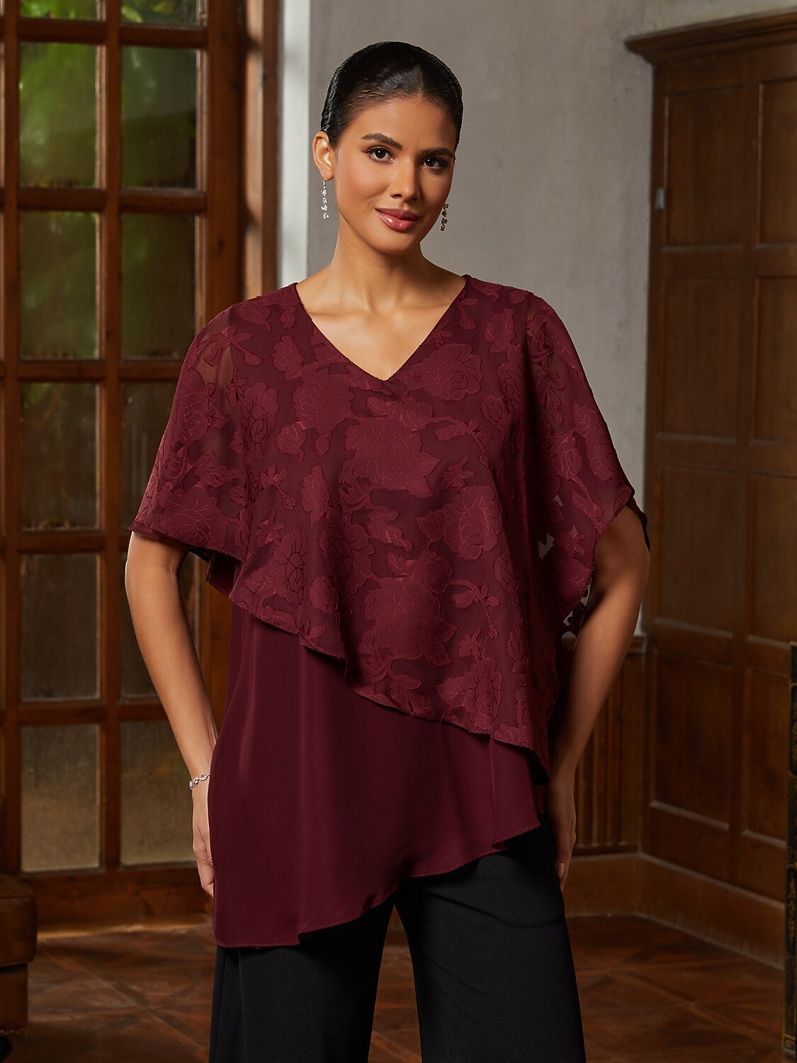 Burgundy Ruffle Chiffon Asymmetrical Blouse