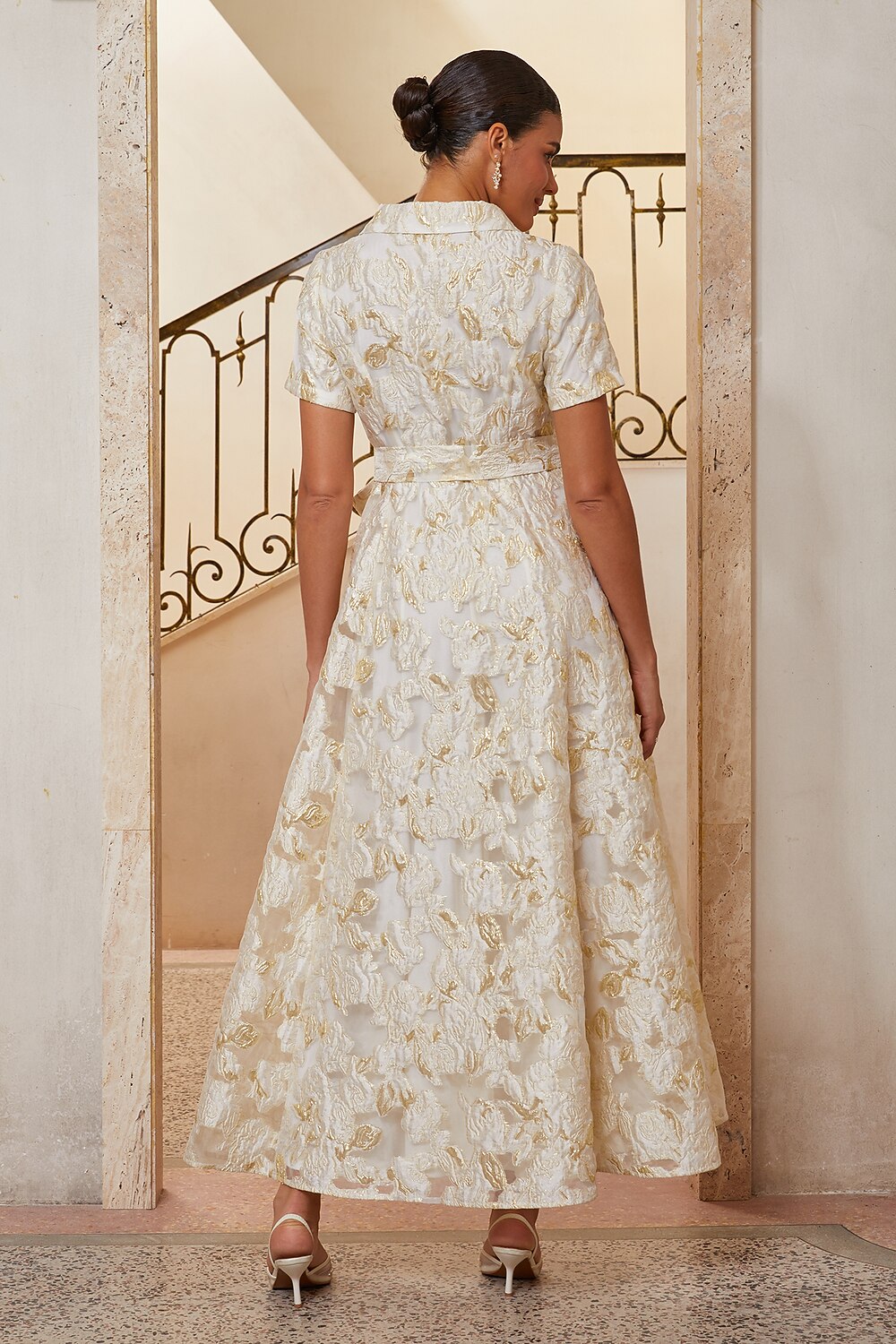 Floral Jacquard Belted Gown