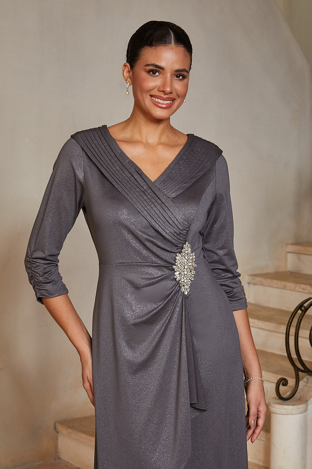 Portrait-Collar Draped Midi Dress