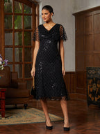 Black Glitter Charmeuse Midi Dress