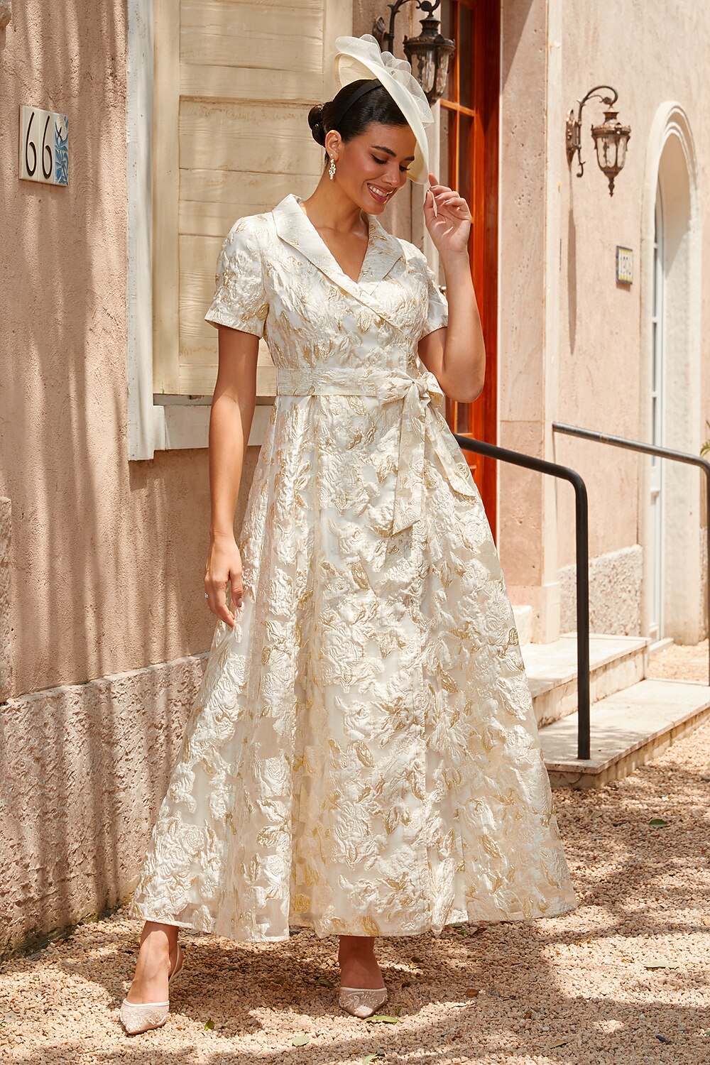 Floral Jacquard Belted Gown