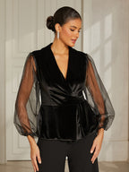 Black Velvet Lantern-Sleeve Blouse