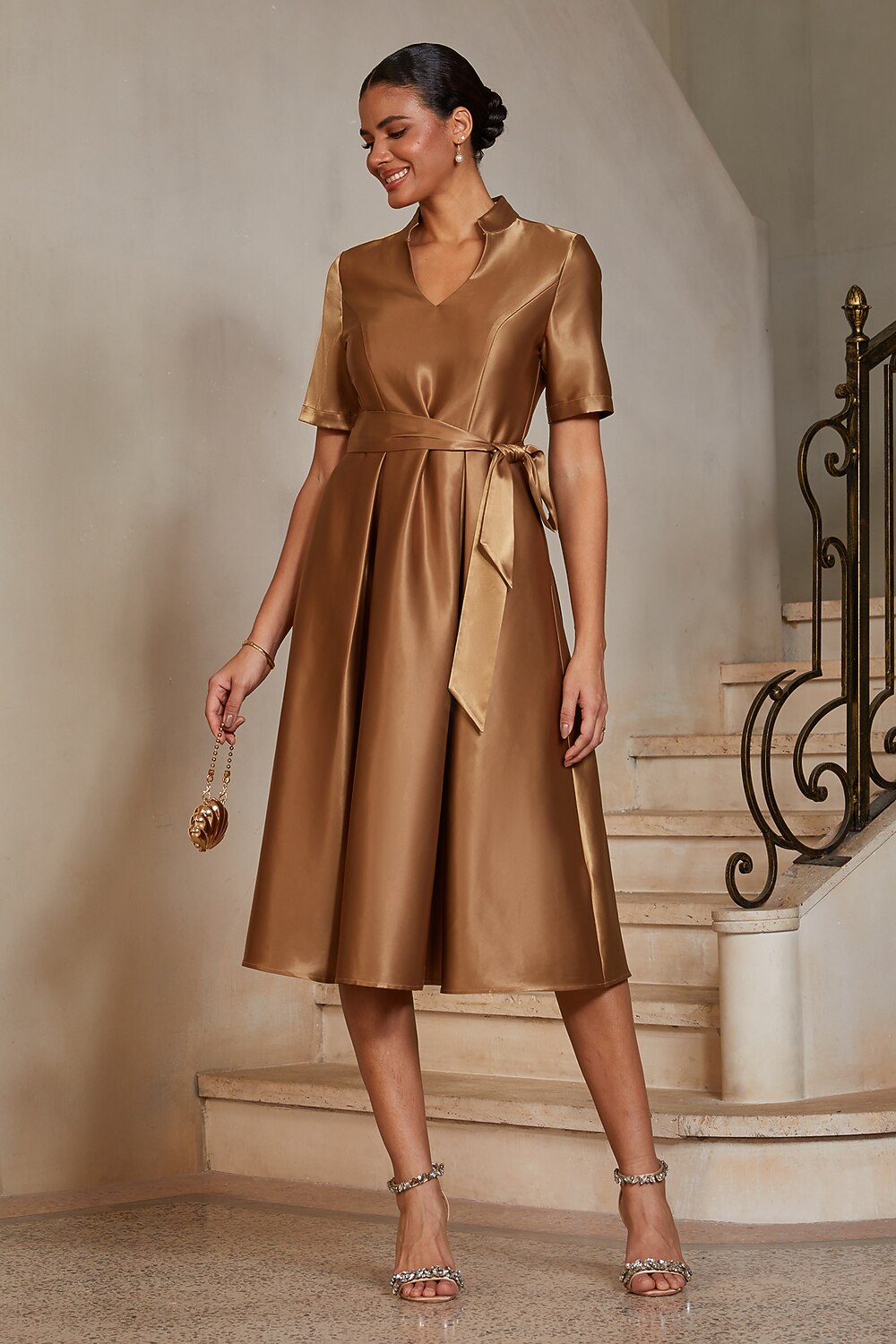 Satin Belted A-Line Midi Dress