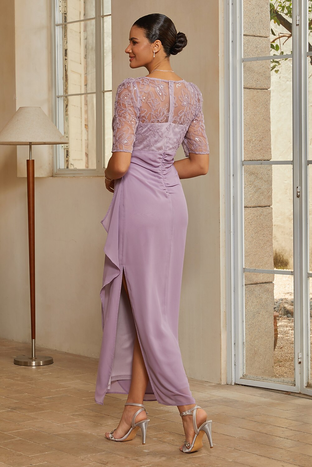 Floral Appliqué Chiffon Column Gown
