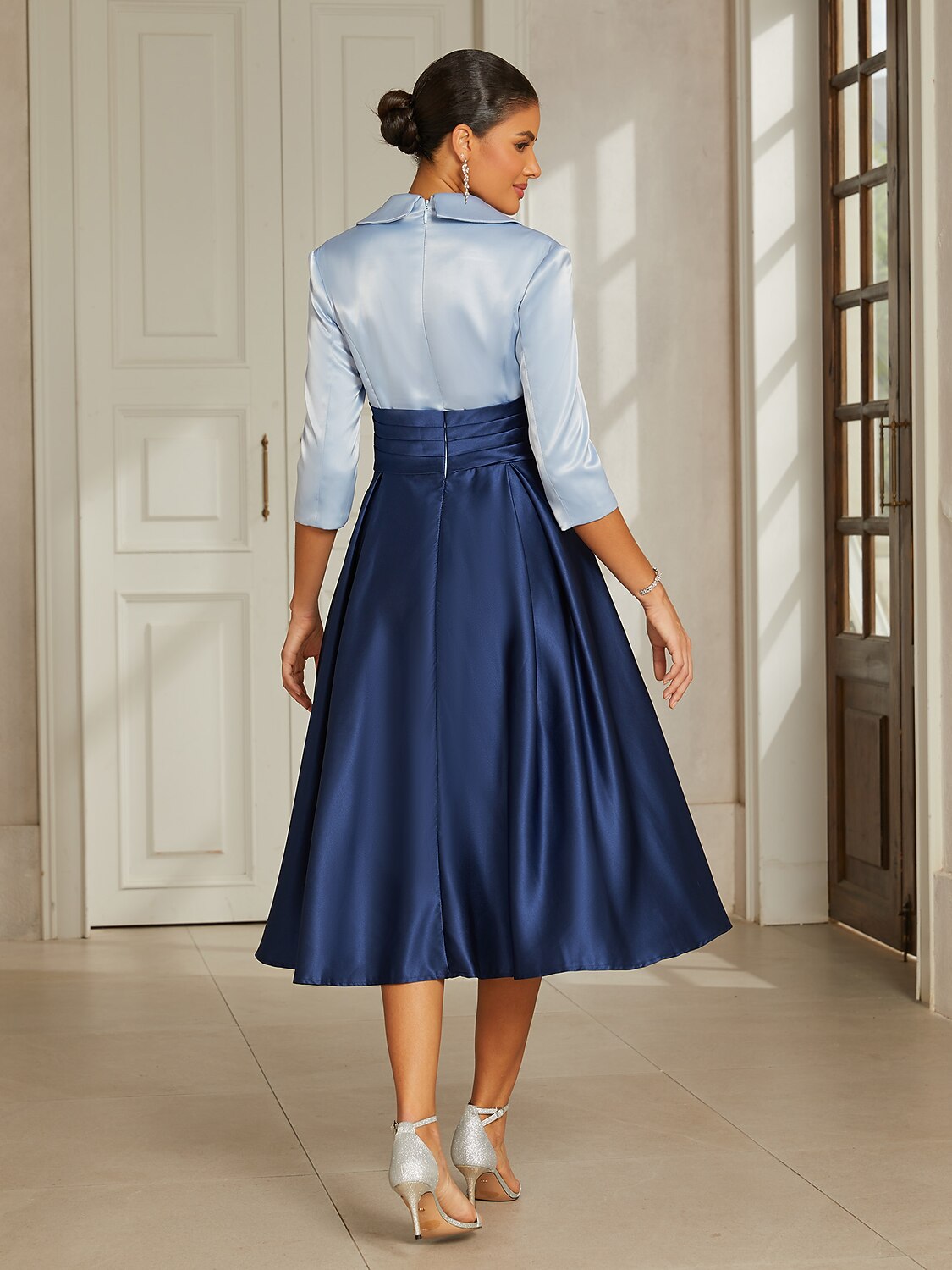 Sea Blue Satin Collared Midi Dress